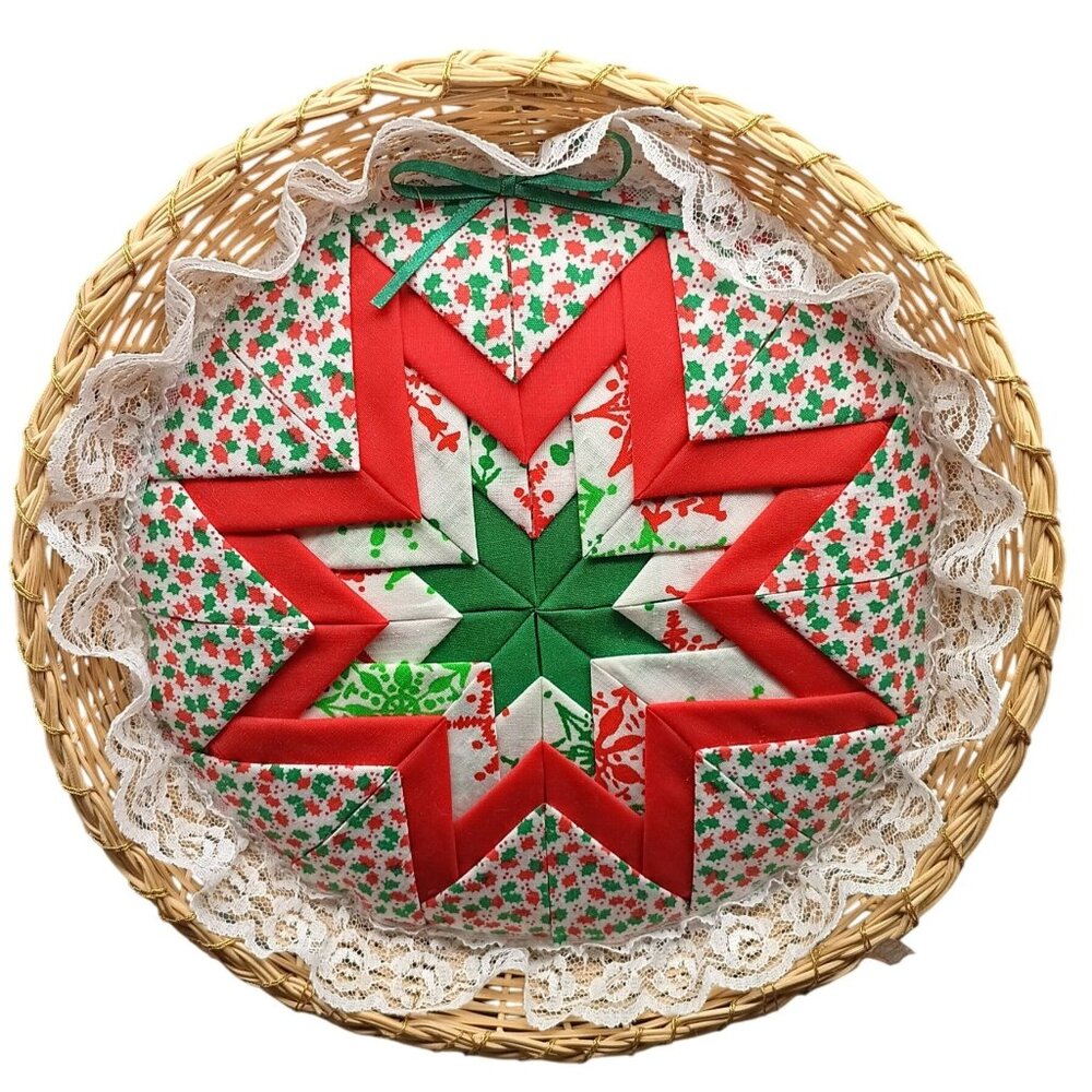 Vintage Woven Basket with Quilted Christmas Star Cushion Handcrafted Farmhouse C
